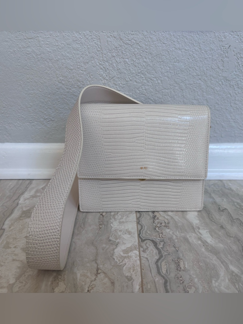 JW Pei Cream Embossed Leather Crossbody Bag